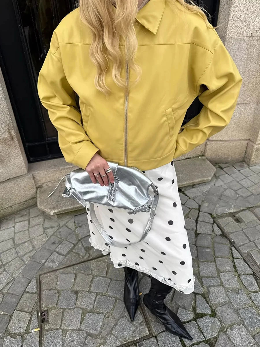 TWOTWINSTYLE Apricot Loose Spliced Dot Printing Skirts for Women High Waist Korean Gentle Long Skirt Female Autumn New Fashion