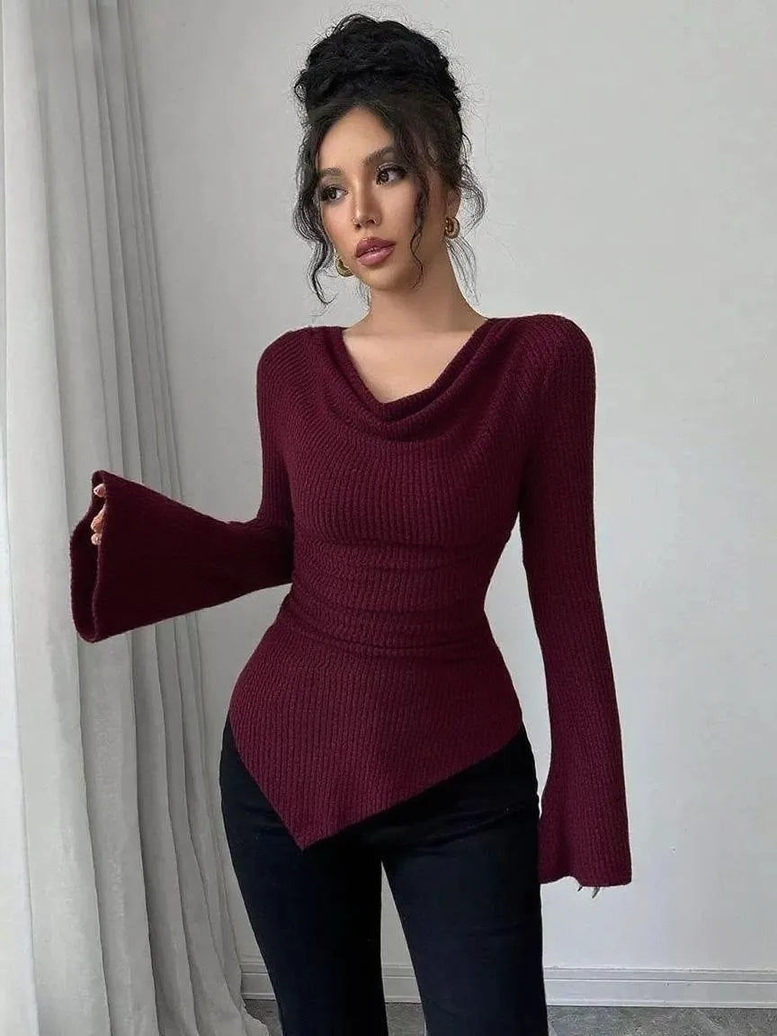 Women's Blouse Longsleeve Solid Color Long Sleeve Blouse Ribbed Cowl Neck Knit Top Bell Asymmetrical Hem Off Shoulder Top