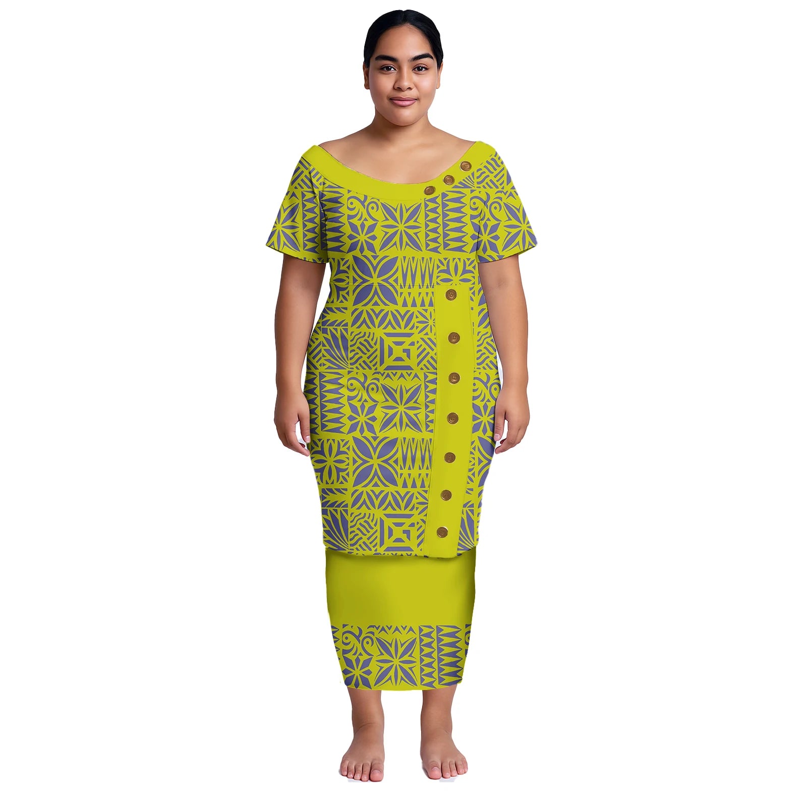Plus Size Women Dresses Samoan Puletasi 2Pcs Set Island Shirt and Skirts Polynesian Church Tapa Print Tribal Long Dress Elegant