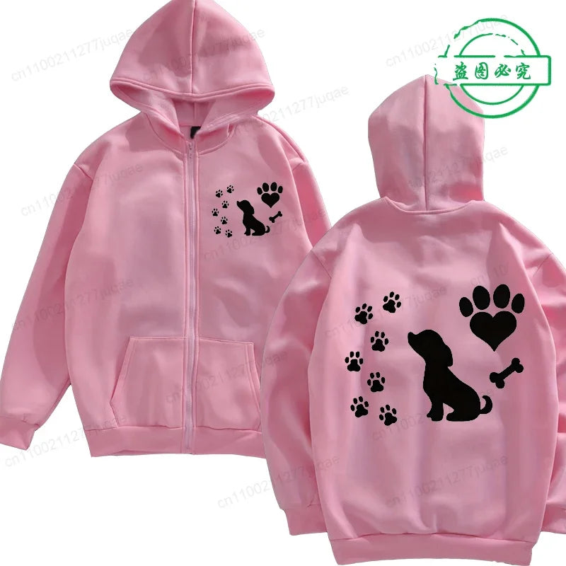 Women Chic Zip Hoodies Fashion Autumn Winter Fleece Hooded Top Funny Dog and Paw Casual Fashion Lady Hoody Sweatshirts Zipper
