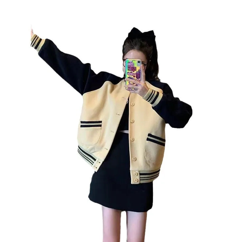 2026 Spring And Autumn New Thin Color-Block Baseball Jacket Women, American Retro Style, Loose Long-Sleeve Coat For Petite Women