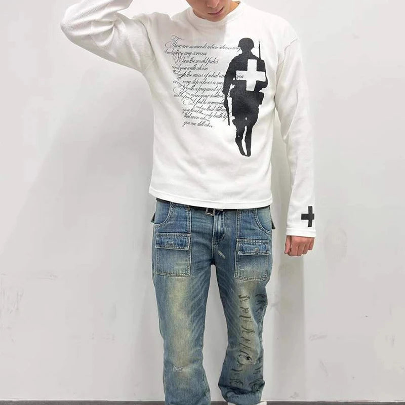 Fashion Harajuku Autumn Street Trend Vintage Print round Neck T-shirt