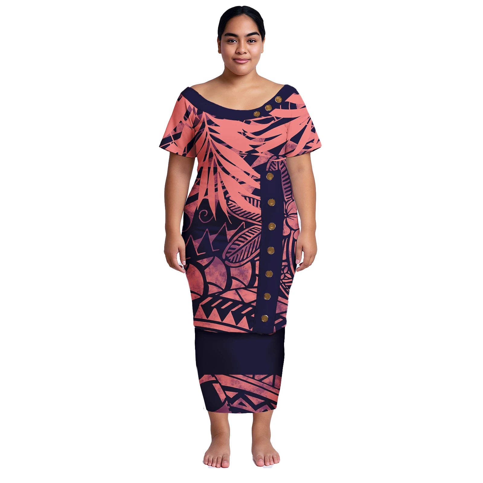 Plus Size Women Dresses Samoan Puletasi 2Pcs Set Island Shirt and Skirts Polynesian Church Tapa Print Tribal Long Dress Elegant