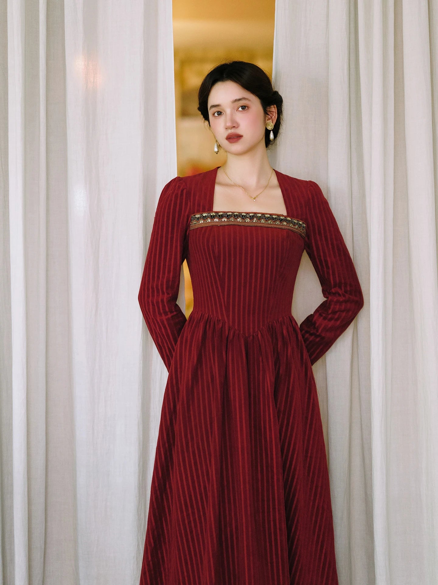 TIYIHAILEY Women 100% Cotton Corduroy Dress Full Sleeve Long Maxi Ladies S-XL Vintage High Waist 2026 Wine Red Beaded Winter
