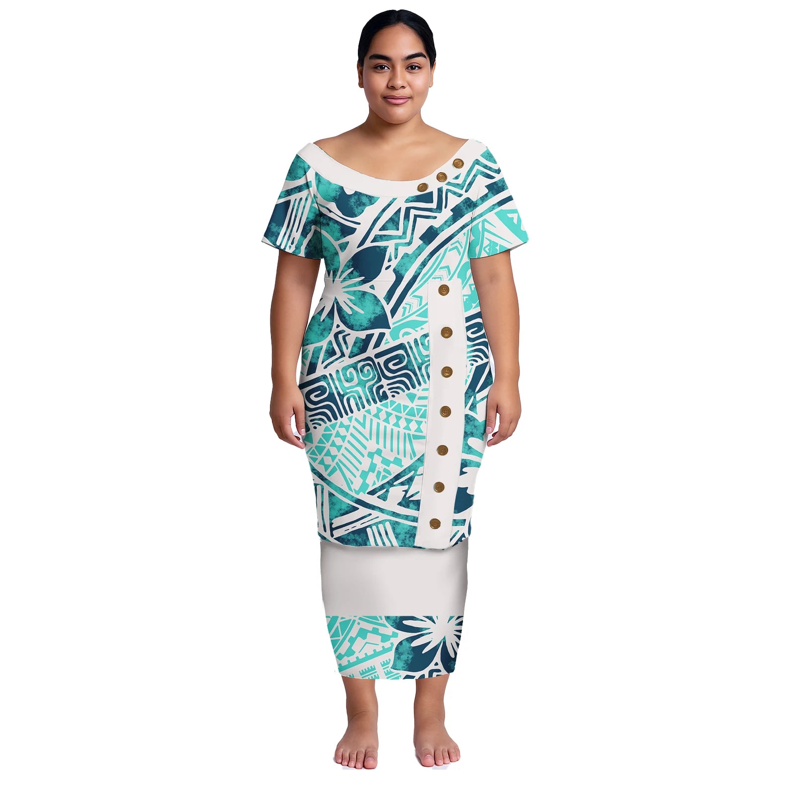 Plus Size Women Dresses Samoan Puletasi 2Pcs Set Island Shirt and Skirts Polynesian Church Tapa Print Tribal Long Dress Elegant