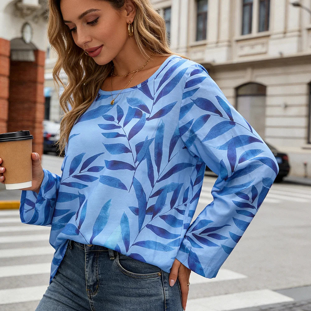 Women's Light Blue Leaf Print Long Sleeve Blouse – Casual & Breathable for Everyday Wear