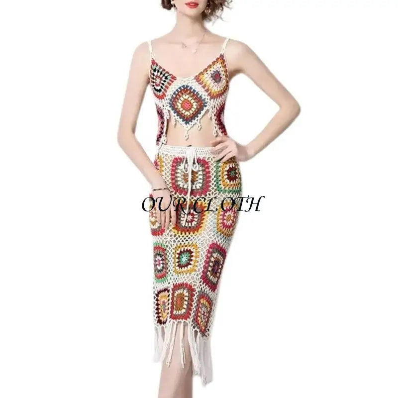 Women Beach Crochet Knit Cami Crop Top and Drawstring Waist Tassels Skirt Set Y1AC
