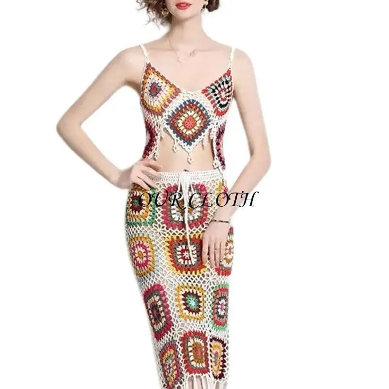 Women Beach Crochet Knit Cami Crop Top and Drawstring Waist Tassels Skirt Set Y1AC