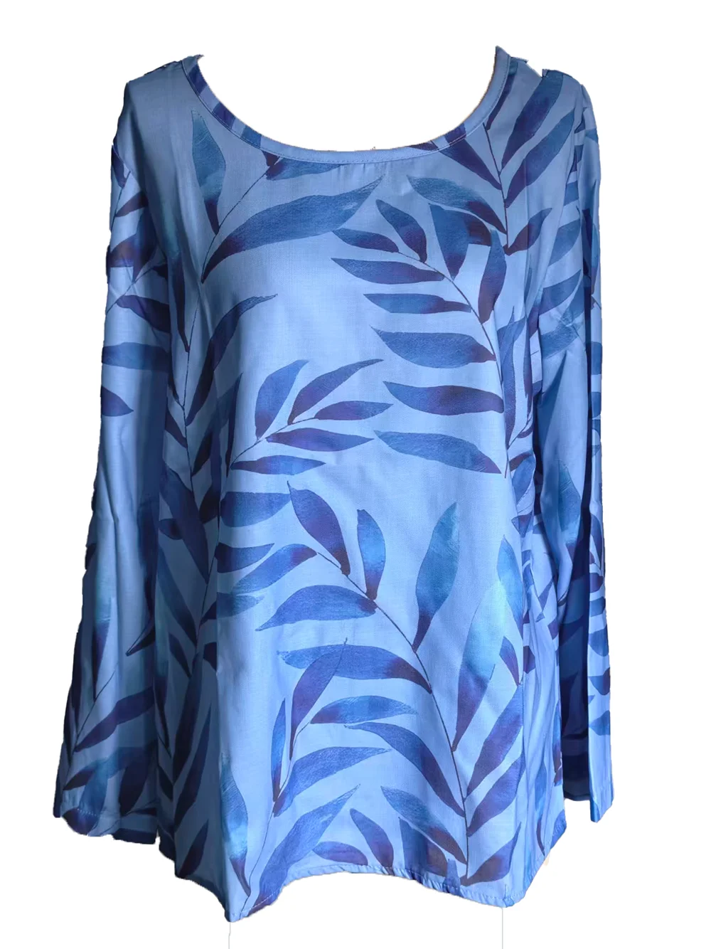 Women's Light Blue Leaf Print Long Sleeve Blouse – Casual & Breathable for Everyday Wear
