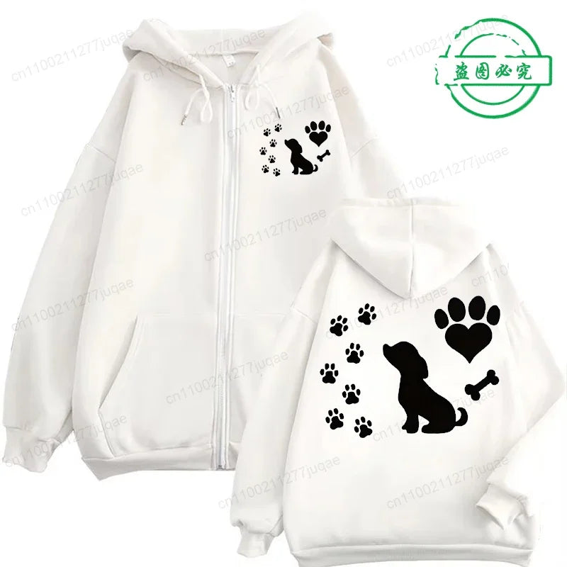 Women Chic Zip Hoodies Fashion Autumn Winter Fleece Hooded Top Funny Dog and Paw Casual Fashion Lady Hoody Sweatshirts Zipper