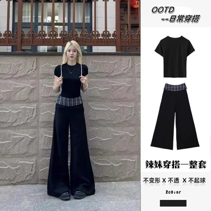 Women's Suit Fashion 2 Piece Set Short Sleeve Top Wide Leg Pants Cotton Women Summer Casual Elegant American Style Premium