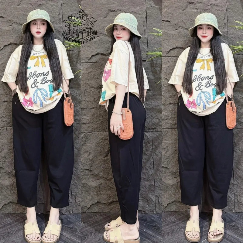 Fashion Suit Women's Summer New Korean Version Bow Short-sleeved Wide-leg Pants Casual Age-reducing Two-piece Set