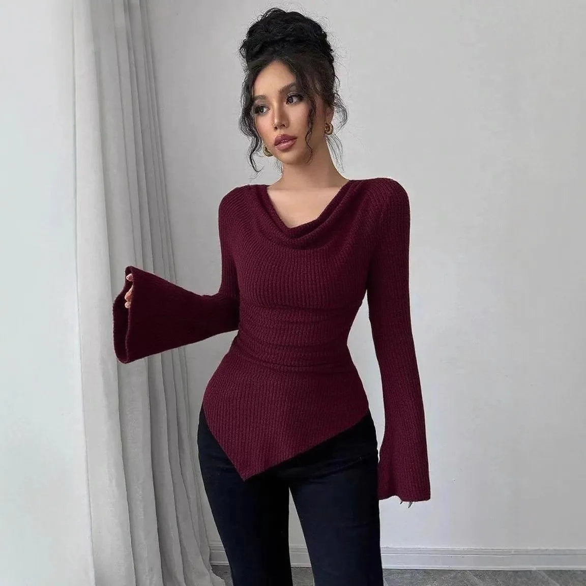 Women's Blouse Longsleeve Solid Color Long Sleeve Blouse Ribbed Cowl Neck Knit Top Bell Asymmetrical Hem Off Shoulder Top