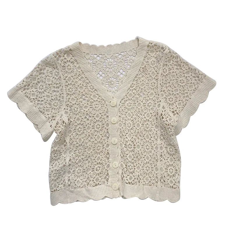 Women's Knitted Short Sleeve V-Neck Hollow out Single Button Cardigan Summer New Design Versatile Korean Style Office Wear