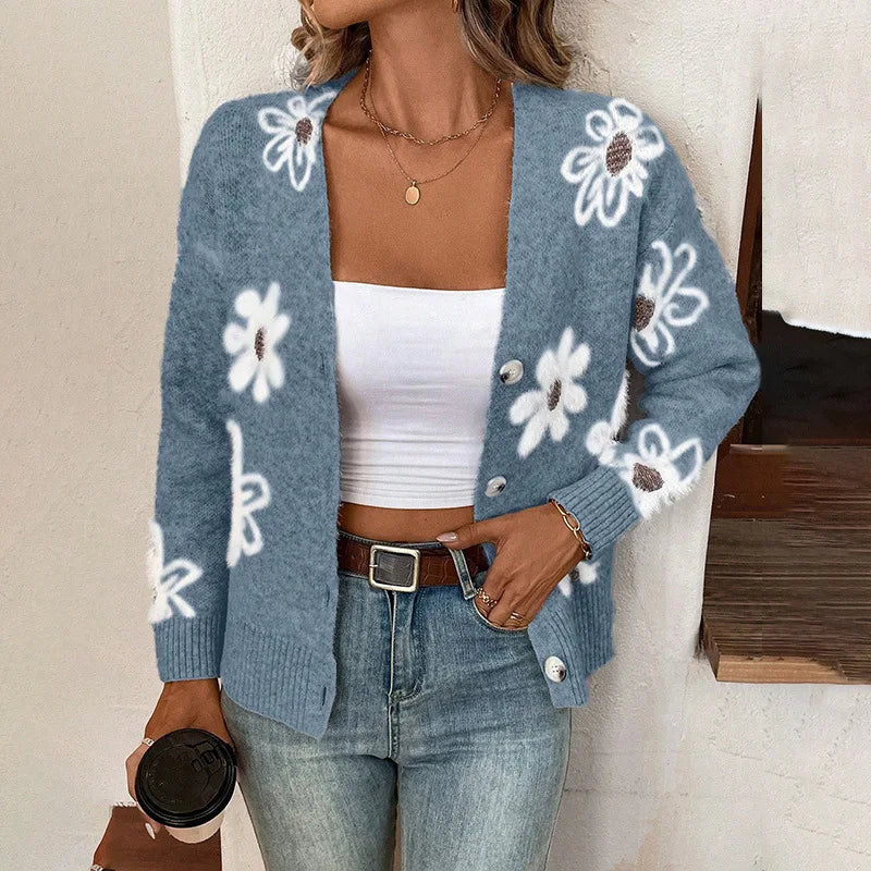 New Style Flower-Patterned Buttons Front-Opening Casual and Comfortable Cardigan