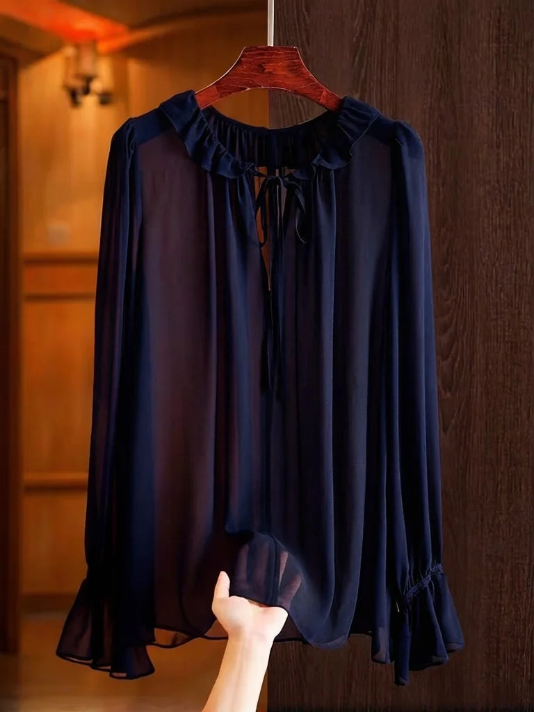 Elegant Long Sleeve Chiffon Blouse Casual Office Ladies Top Lace up Ruffle Collar Flared Sleeve Shirts Solid Color Commuter Tops
