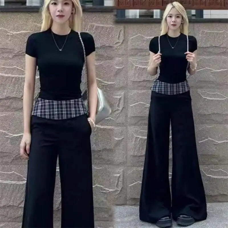 Women's Suit Fashion 2 Piece Set Short Sleeve Top Wide Leg Pants Cotton Women Summer Casual Elegant American Style Premium