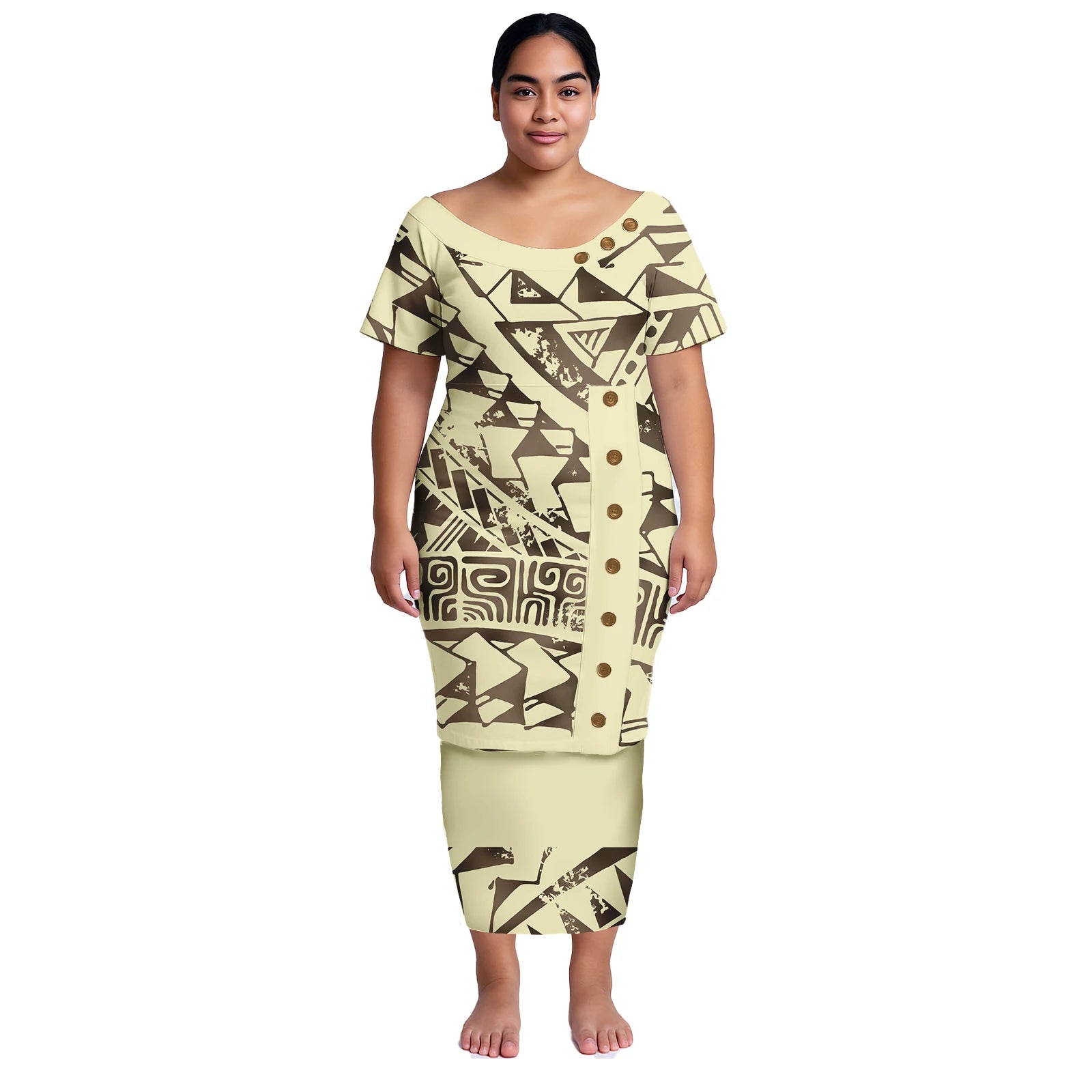 Plus Size Women Dresses Samoan Puletasi 2Pcs Set Island Shirt and Skirts Polynesian Church Tapa Print Tribal Long Dress Elegant