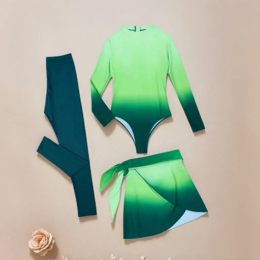 Blue Long Sleeve Swimsuit High Neck Wrap Skirt Swimwear Tie Front Bathing Suit Green Leggings Solid Color Slim Fit Swimming