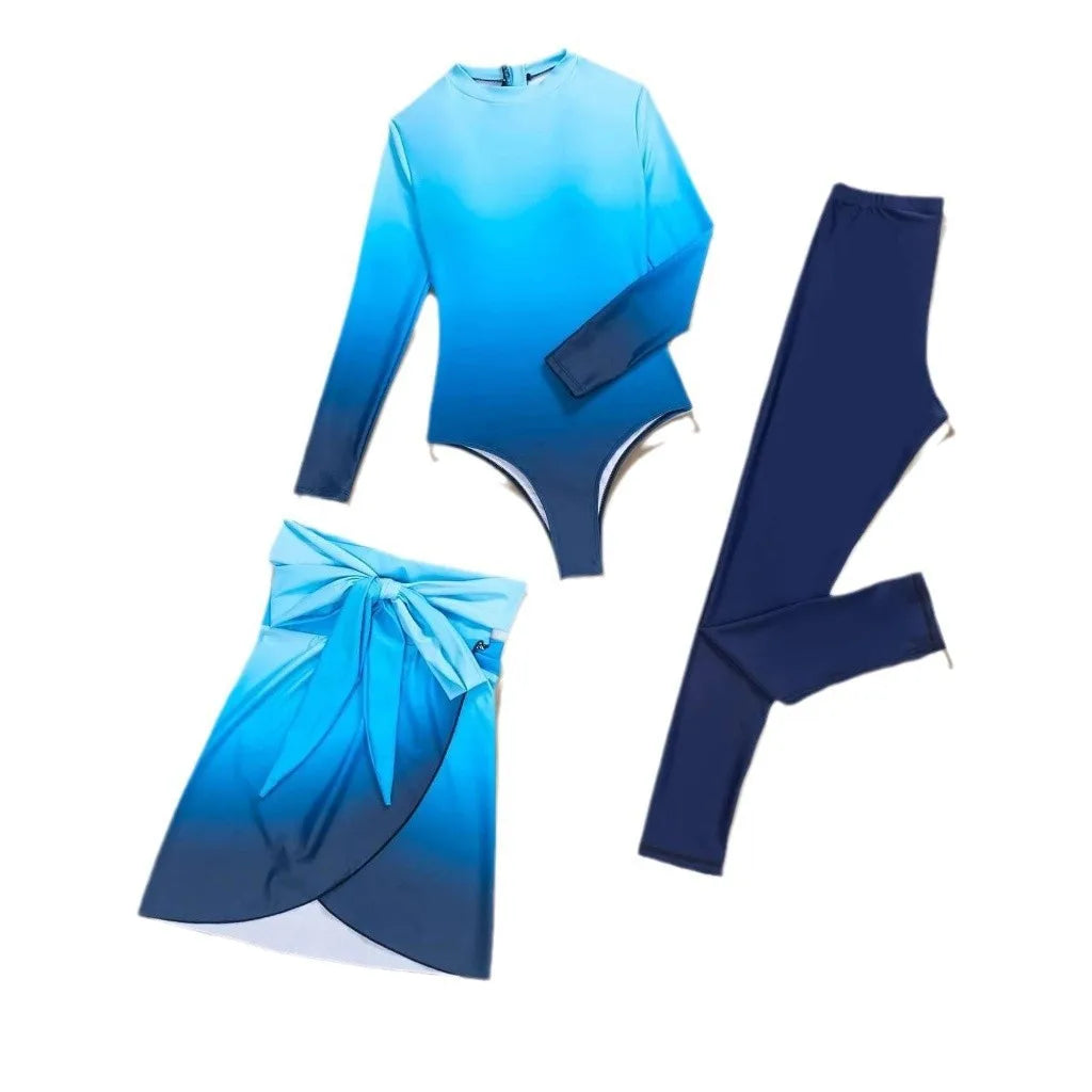 Blue Long Sleeve Swimsuit High Neck Wrap Skirt Swimwear Tie Front Bathing Suit Green Leggings Solid Color Slim Fit Swimming