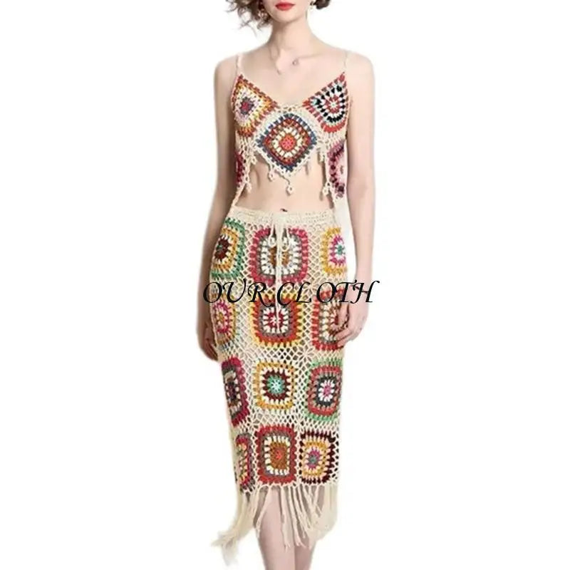 Women Beach Crochet Knit Cami Crop Top and Drawstring Waist Tassels Skirt Set Y1AC
