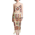 Women Beach Crochet Knit Cami Crop Top and Drawstring Waist Tassels Skirt Set Y1AC