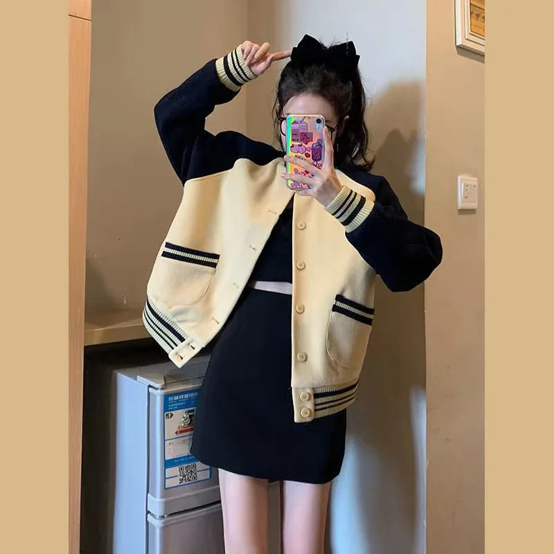 2026 Spring And Autumn New Thin Color-Block Baseball Jacket Women, American Retro Style, Loose Long-Sleeve Coat For Petite Women