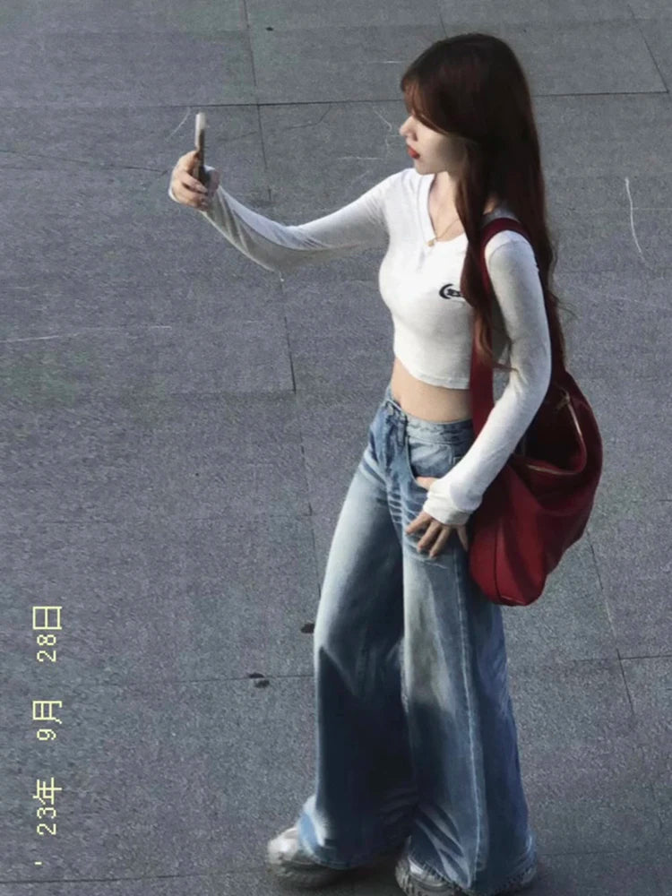 Light Blue Lightning Stripe Wide Leg Jeans Women's High Waist Straight Leg Lazy Pants Spring Autumn New Arrival PmORh Brand