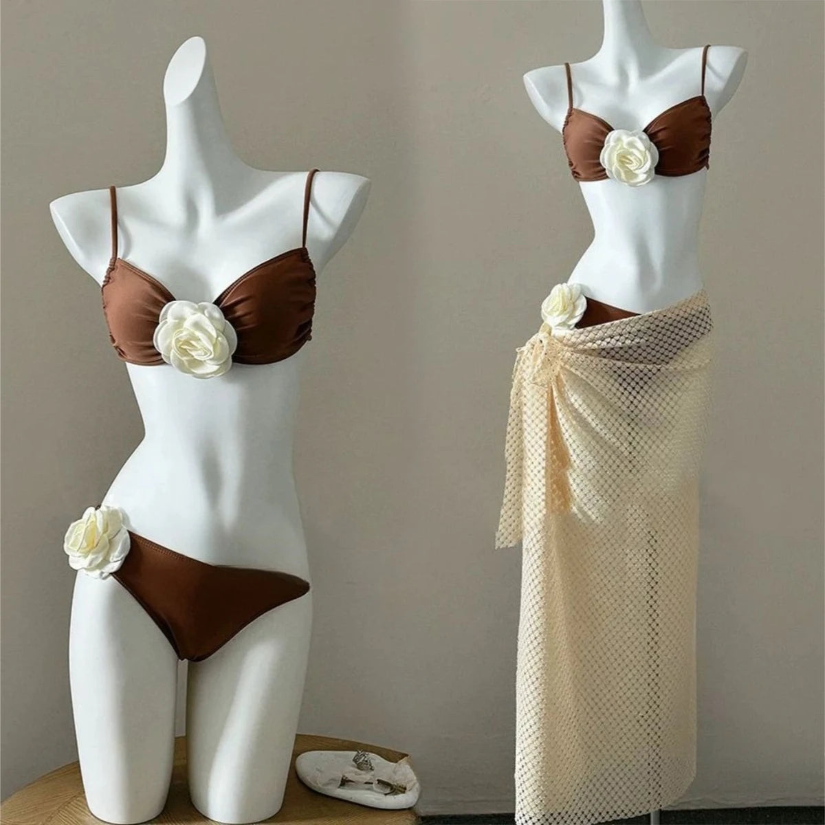 Beach Vacation 4-Piece Split Bikini Set 2026 New Fairy Sweet Women's Print Long Sleeve Swimwear High waist Beauty Fashion Suits