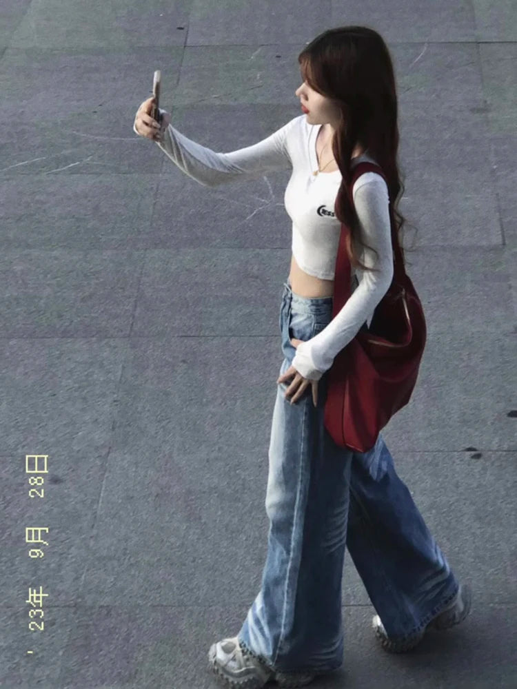 Light Blue Lightning Stripe Wide Leg Jeans Women's High Waist Straight Leg Lazy Pants Spring Autumn New Arrival PmORh Brand