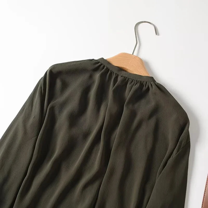 2025 French Style Women's Shirts Dark Green Loose Long Sleeve Top with Bow Tie Autumn Tops