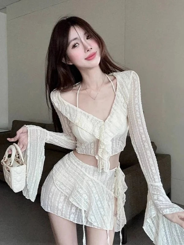 Beach Vacation 4-Piece Split Bikini Set 2026 New Fairy Sweet Women's Print Long Sleeve Swimwear High waist Beauty Fashion Suits