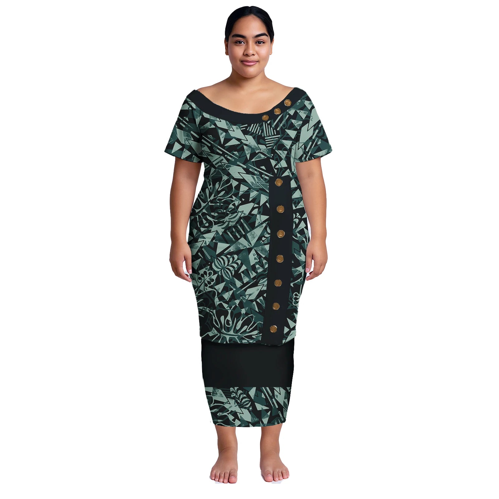 Plus Size Women Dresses Samoan Puletasi 2Pcs Set Island Shirt and Skirts Polynesian Church Tapa Print Tribal Long Dress Elegant