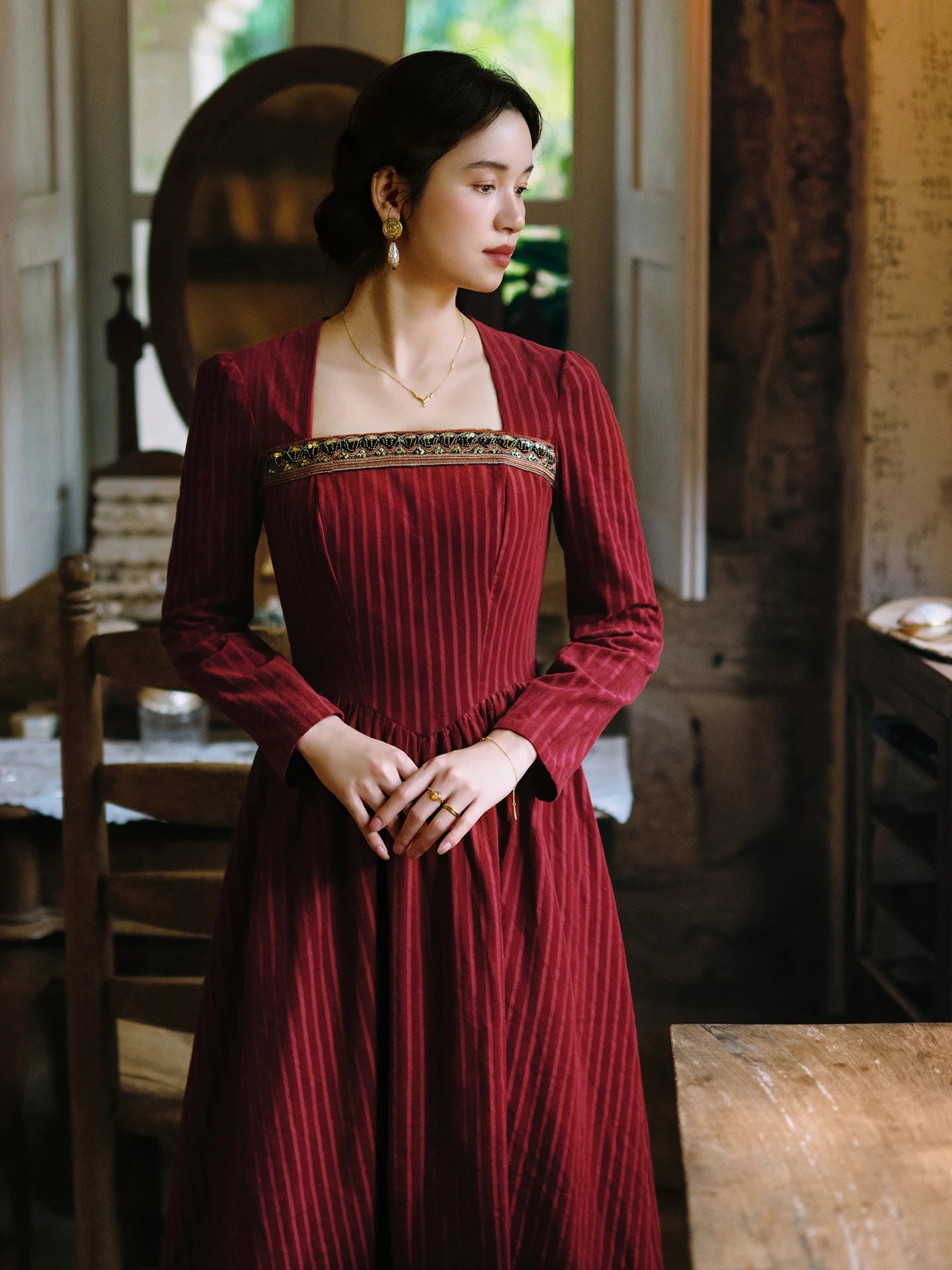 TIYIHAILEY Women 100% Cotton Corduroy Dress Full Sleeve Long Maxi Ladies S-XL Vintage High Waist 2026 Wine Red Beaded Winter