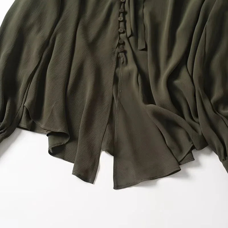 2025 French Style Women's Shirts Dark Green Loose Long Sleeve Top with Bow Tie Autumn Tops