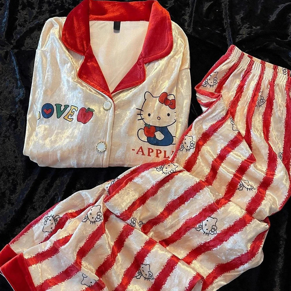 Hello Kitty Women's Pajama Set Kawaii Anime Pajama Long Sleeve Long Pants Autumn/winter Home Set Gold Velvet Set Pajamas 2025