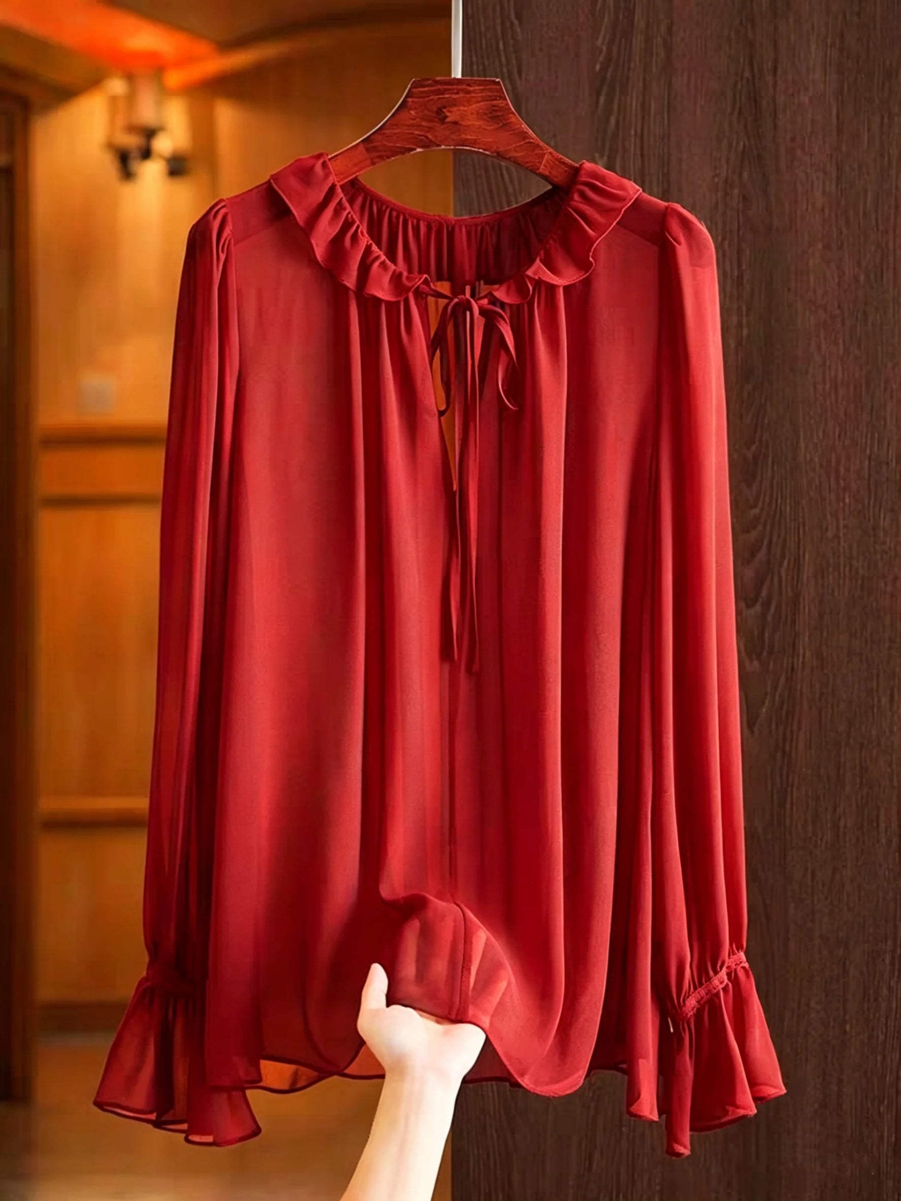 Elegant Long Sleeve Chiffon Blouse Casual Office Ladies Top Lace up Ruffle Collar Flared Sleeve Shirts Solid Color Commuter Tops