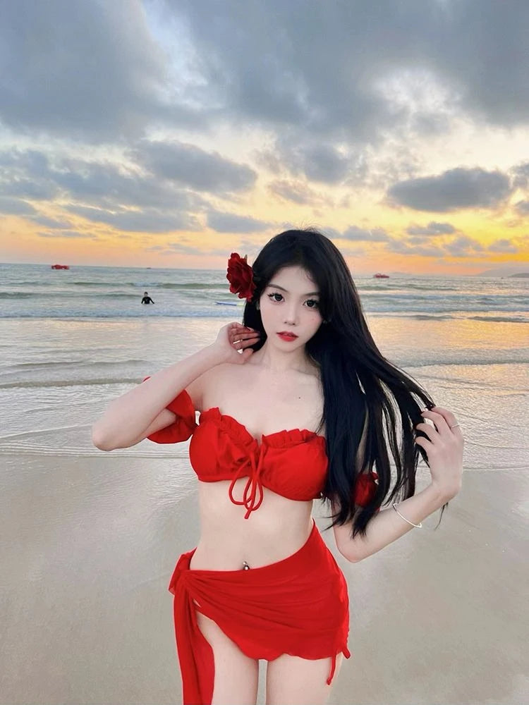 2026 Trendy Red Three Piece Swimsuit Women Sexy Lace Up Bikini Set Floral Beach Cover Up Bathing Suit