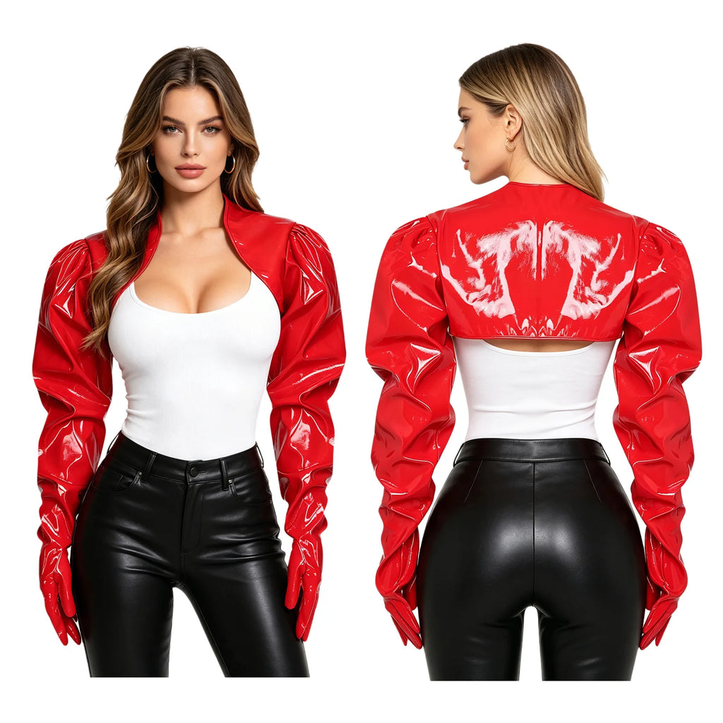 Womens Wet Look PU Leather Cardigan Crop Jacket Puff Loose Long Sleeve Open Front Coat Shrug Shawls with Gloves Party Clubwear