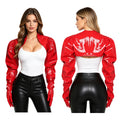 Womens Wet Look PU Leather Cardigan Crop Jacket Puff Loose Long Sleeve Open Front Coat Shrug Shawls with Gloves Party Clubwear