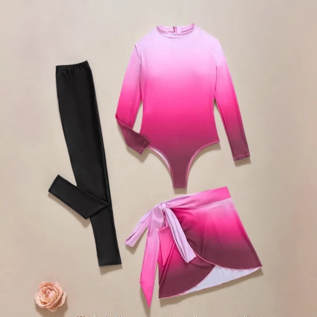 Blue Long Sleeve Swimsuit High Neck Wrap Skirt Swimwear Tie Front Bathing Suit Green Leggings Solid Color Slim Fit Swimming